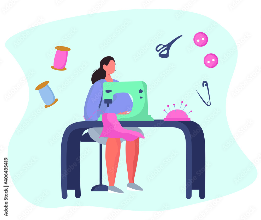 Dressmaker or Seamstress Work with Sewing Machine and Mannequin in Atelier or Home.Professional Tailor or Fashion Designer.Ironing Cloth.Sewing to Order at Home during Coronavirus.Vector Illustration