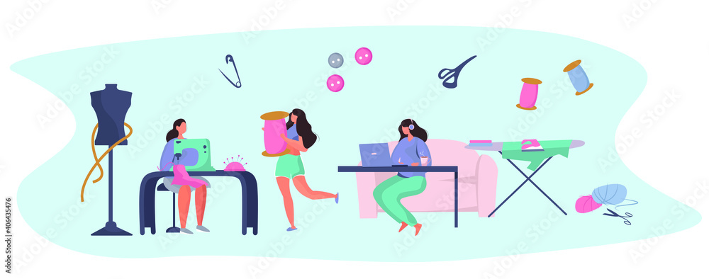 Dressmaker or Seamstress Work with Sewing Machine and Mannequin in Atelier or Home.Professional Tailor or Fashion Designer.Ironing Cloth.Sewing to Order at Home during Coronavirus.Vector Illustration