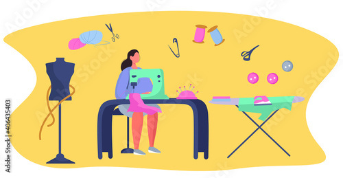 Dressmaker or Seamstress Work with Sewing Machine and Mannequin in Atelier or Home.Professional Tailor or Fashion Designer.Ironing Cloth.Sewing to Order at Home during Coronavirus.Vector Illustration