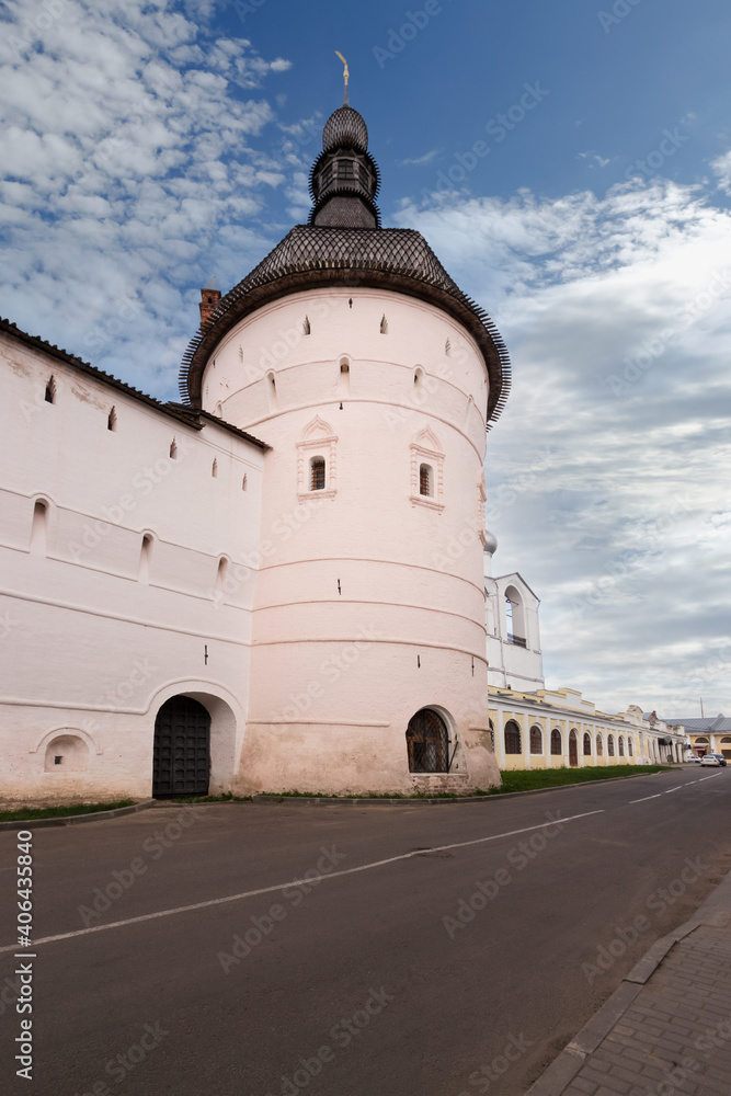 The Golden Ring of Russia. Fortress tower of the ancient Rostov Kremlin, view from the street