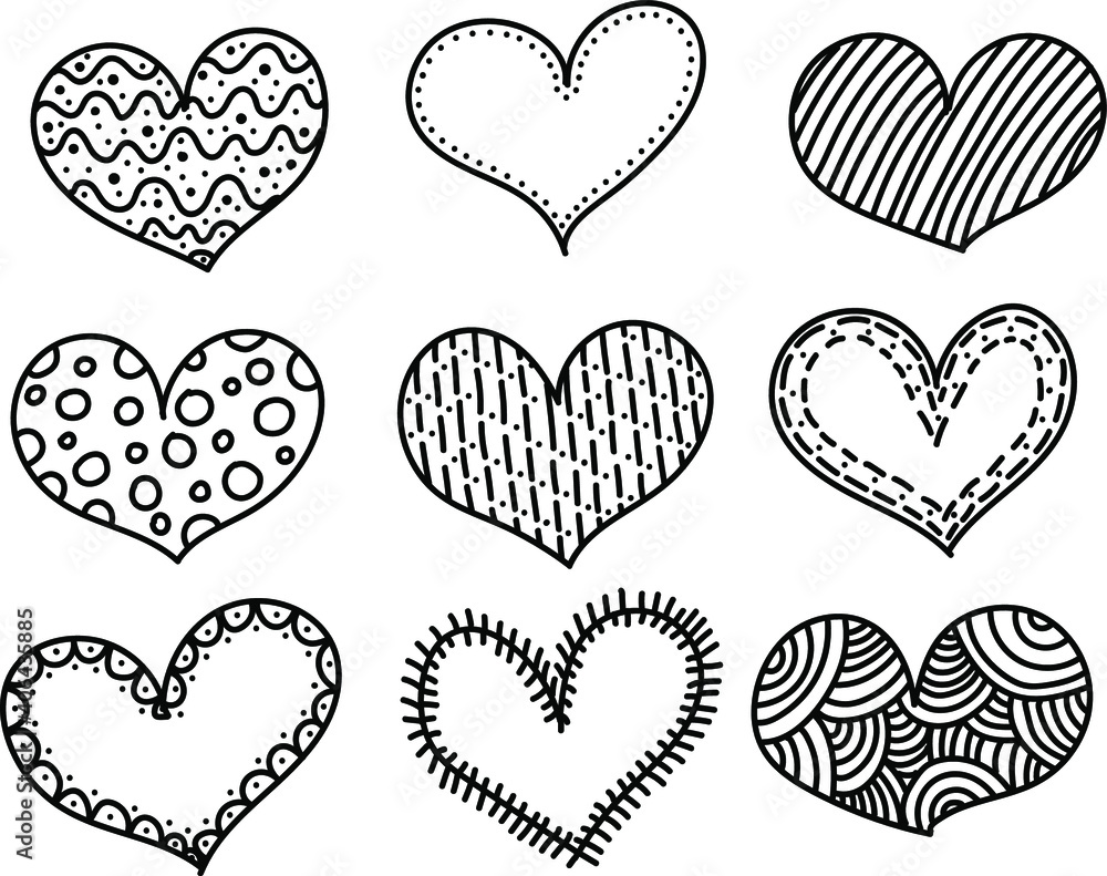 Trendy doodle poster with doodle hearts. Holiday banner, poster. Vector sketch illustration. Cute illustration. Vector celebration set. Black background. Cartoon vector illustration.