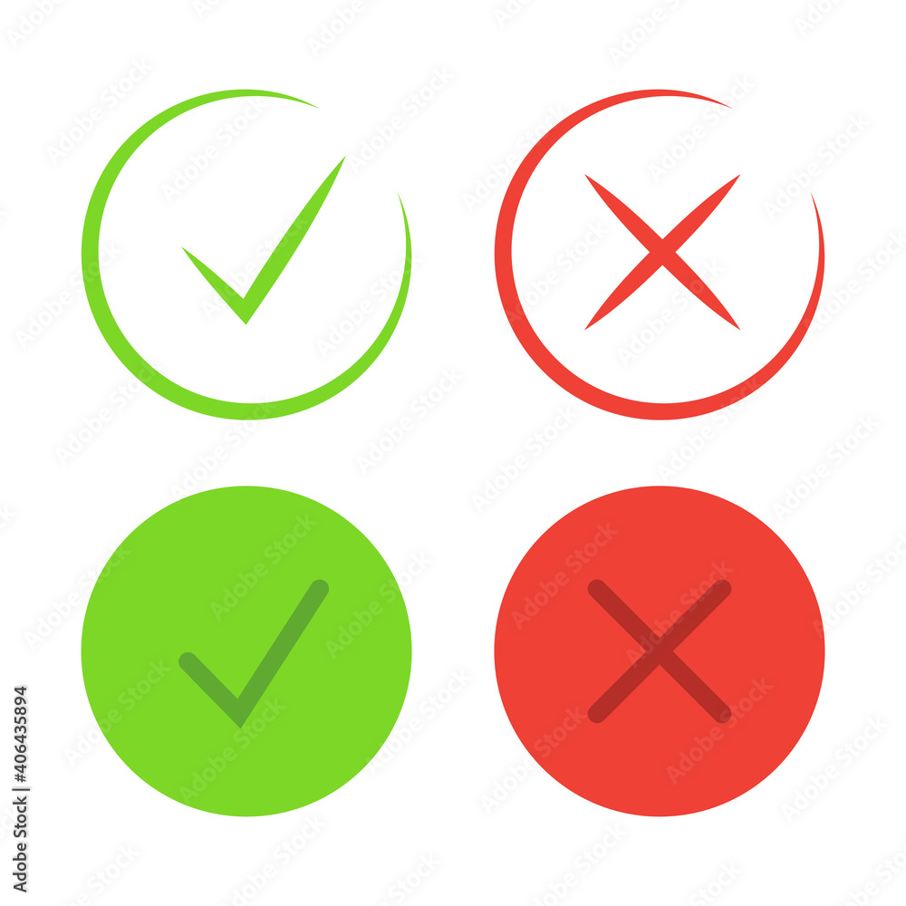 Check mark icons. Thin line. Symbols of approving and declining. Check tick in green color and reject symbol in red color. Vector Check mark icons. Thin line. Symbols of approving and declining. Check tick in green color and reject symbol in red color. Vector