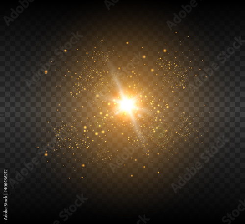 
Golden shining star. Bright star light effect. Beautiful light for illustration. White sparks sparkle with a special light.
