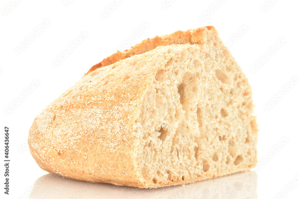 One half of a fragrant loaf without yeast with bran flakes, close-up, isolated on white. One half of a fragrant loaf without yeast with bran flakes, close-up, isolated on white.