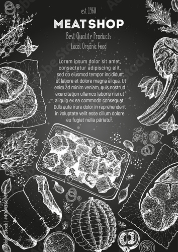 Meats and sausages top view frame. Vector illustration. Engraved design. Hand drawn illustration. Meat products design template.