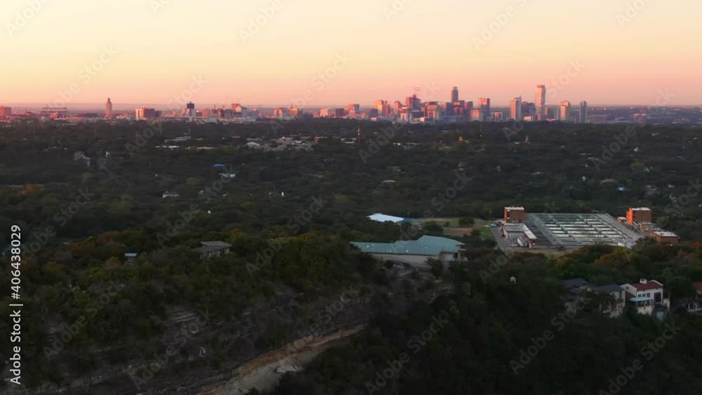 Sweeping aerial of Austin, Texas with Mt. Bonnell close in the foreground Sweeping aerial of Austin, Texas with Mt. Bonnell close in the foreground