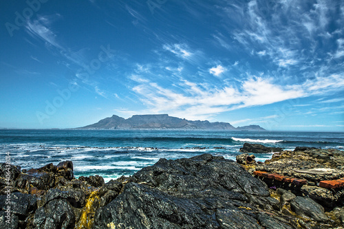 Robben Island ocean bay and Table mountain, Cape Town, South Africa
