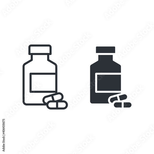 Medicine bottle and two capsules line and solid icon. Pain killer, vitamin pharmacy logo. Multivitamin, suplement dose pictogram for healthcare. Vector illustration design on white background. EPS 10