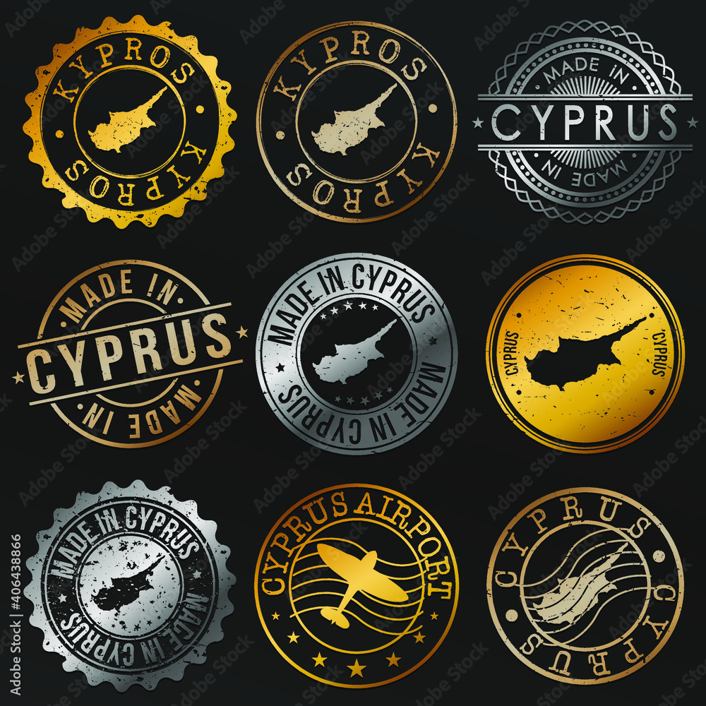 Cyprus Map Metal Stamps. Gold Made In Product Seal. National Logo Icon. Symbol Design Insignia Country. Cyprus Map Metal Stamps. Gold Made In Product Seal. National Logo Icon. Symbol Design Insignia Country.
