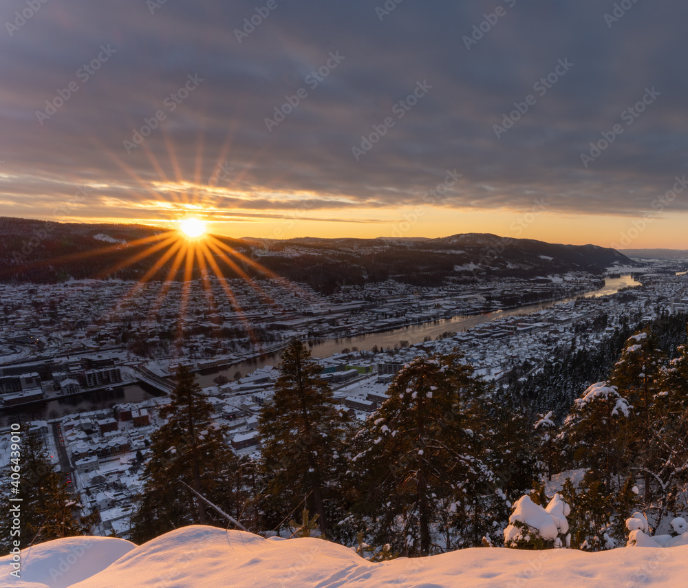 Fototapeta premium Sunset over Drammen, a town in the Buskerud province of Norway 