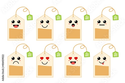 Set of cute cartoon colorful tea bag with different emotions. Funny emotions character collection for kids. Fantasy characters. Vector illustrations, cartoon flat style.