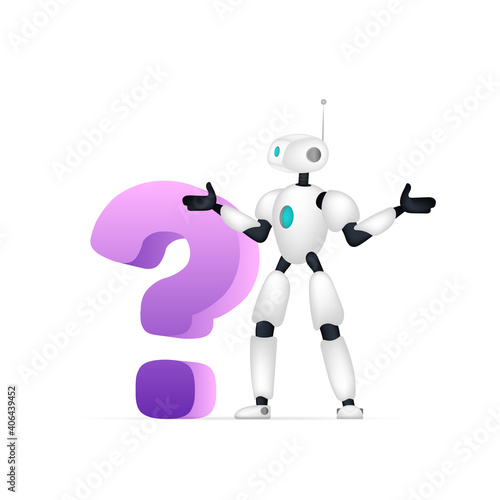 White robot with a question mark. The robot makes a helpless gesture against the background of a question mark. Vector.