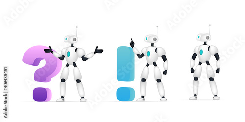 Set of white robots for applications. Chatbots isolated on white background. Vector.
