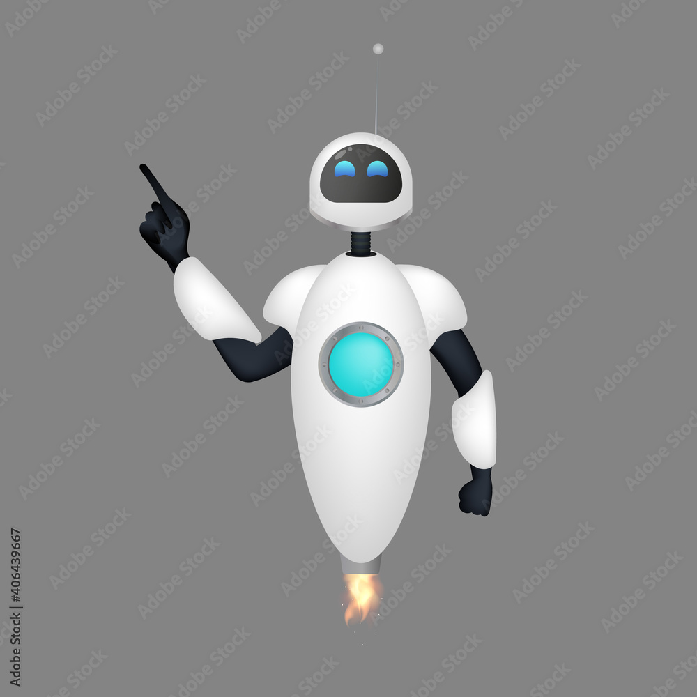 White flying robot points with a finger. The bot raised its index finger.  Good for app design. Vector. vector de Stock | Adobe Stock