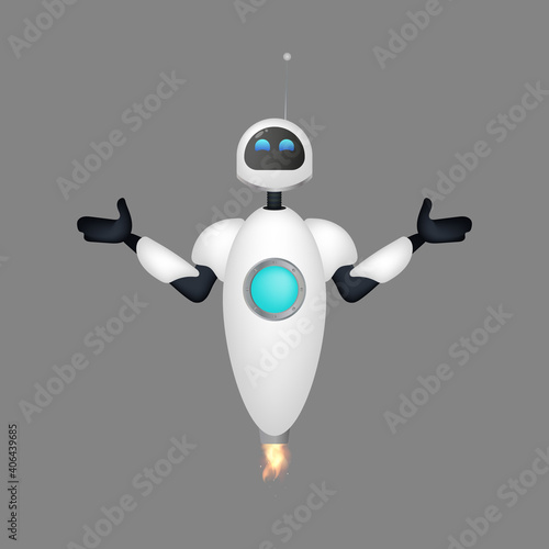 The friendly white flying robot makes a helpless gesture. Welcome robot. Good for apps and games. Vector.