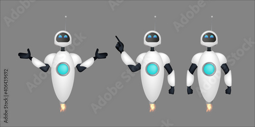 Set of white flying robots. Chat bots. Good for app and game design. Realistic style. Vector.