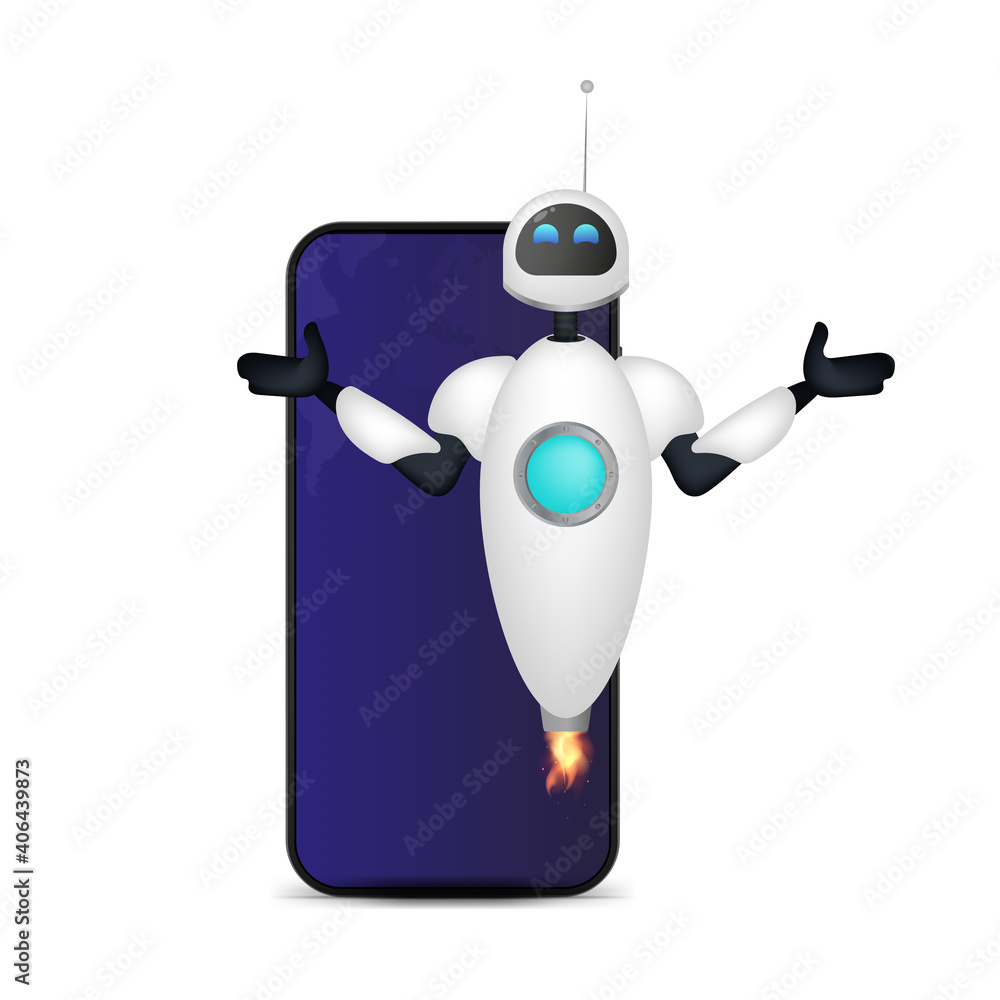 White flying robot on the background of the phone. Isolated. Vector illustration. White flying robot on the background of the phone. Isolated. Vector illustration.