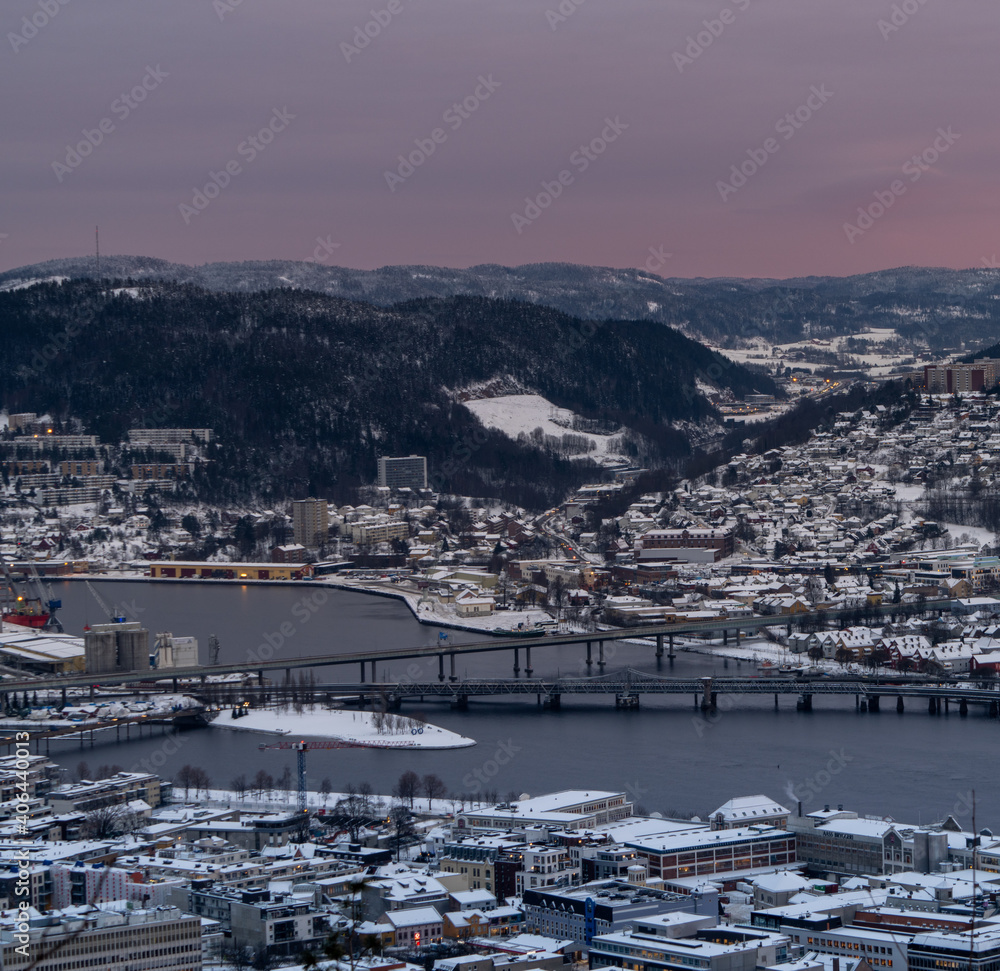 Sunset over Drammen, a town in the Buskerud province of Norway	