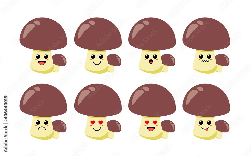 Set of cute cartoon colorful brown mushroom with different emotions. Funny emotions character collection for kids. Fantasy characters. Vector illustrations, cartoon flat style Set of cute cartoon colorful brown mushroom with different emotions. Funny emotions character collection for kids. Fantasy characters. Vector illustrations, cartoon flat style