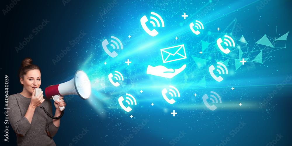 Young person yelling in loudspeaker with delivering mail icon, modern technology concept Young person yelling in loudspeaker with delivering mail icon, modern technology concept