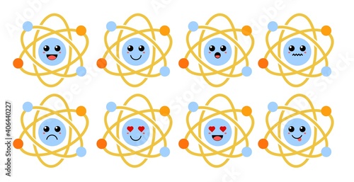 Set of cute cartoon colorful science structure molecule atom with different emotions. Funny emotions character collection for kids. Fantasy characters. Vector illustrations, cartoon flat style