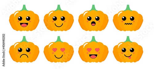 Set of cute cartoon colorful orange pumpkin with different emotions. Funny emotions character collection for kids. Fantasy characters. Vector illustrations  cartoon flat style