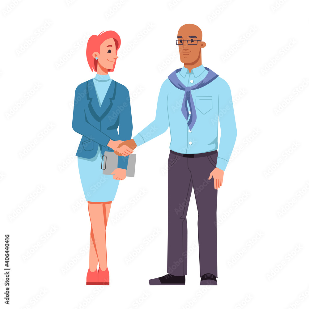 Multinational man and woman shaking hands, male and female characters of different races and nationalities. Business partners, friends or colleagues at work handshaking. Vector in flat style