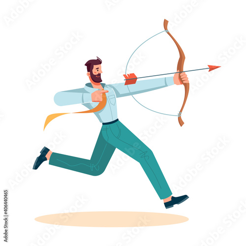 Man using bow to shoot arrow, isolated businessman tries to win. Achievement and successful completion of business mission. Man aiming at target or aim. Cartoon character, vector in flat style