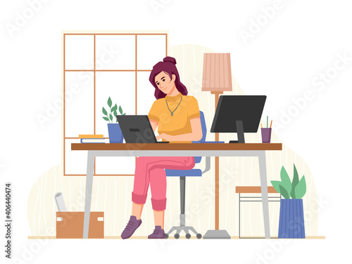 Workplace of freelancer woman working from home office, remotely and distant. Employee using laptop and computer for project. Brainstorming lady at workspace. Cartoon character, vector in flat style