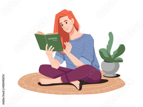 Woman with red hair reading book sitting on floor in lotus position. Lady enjoying literature, weekends or leisure of lady. Young personage or student. Cartoon character, vector in flat style