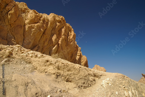 Oasis in Chebika, Tunisia. Sahara desert. Rocks, stones and blue sky