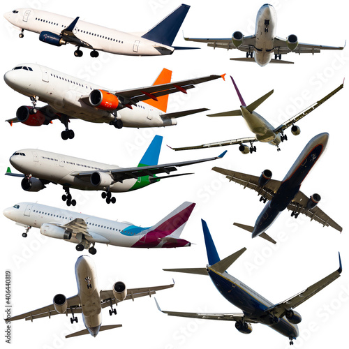 Set of modern passenger airliners in motion, isolated on white background..