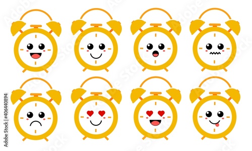 Set of cute cartoon colorful yellow alarm clock with different emotions. Funny emotions character collection for kids. Fantasy characters. Vector illustrations, cartoon flat style