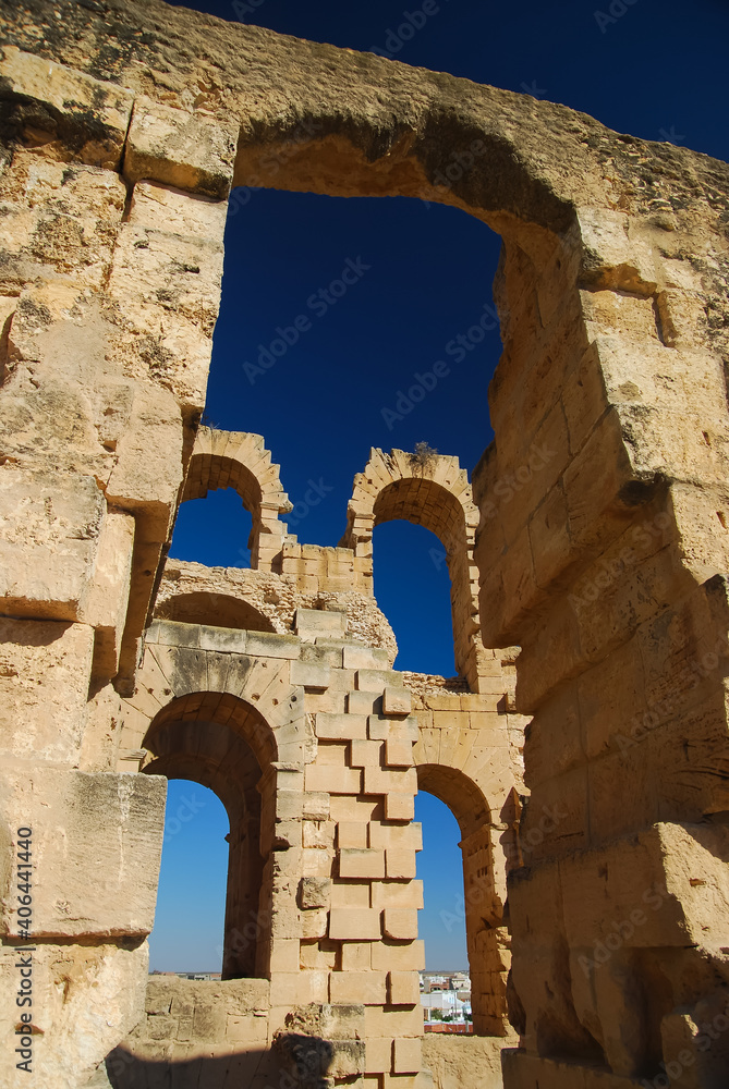 Colosseum in El Jem, Tunisia, Afrika. Collumns and blue sky