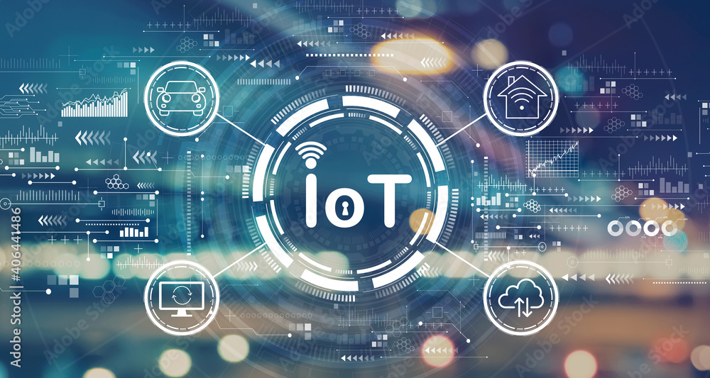 IoT theme with blurred city abstract lights background IoT theme with blurred city abstract lights background