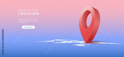 Navigator 3d pin location checking on world map background. Locator position point. Vector art illustration