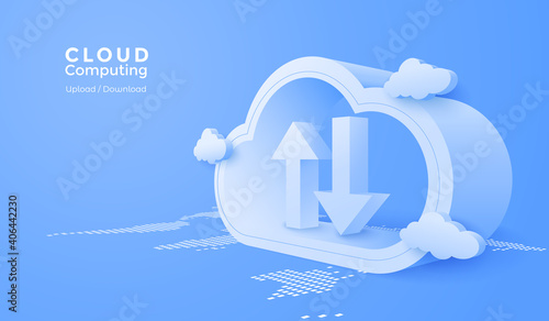 3d Cloud computing online app with data transfering service. Digital technology background. Vector art illustration..