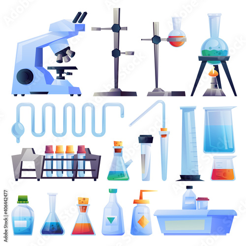 Scientific research equipment isolated cartoon set. Vector test tube holders, glass beakers flasks to hold chemical laboratory experiments. Glassware, microscope, medical pharmaceutical containers set