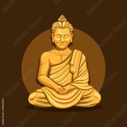 Monk pray meditation in buddhist religion golden statue symbol concept cartoon illustration vector