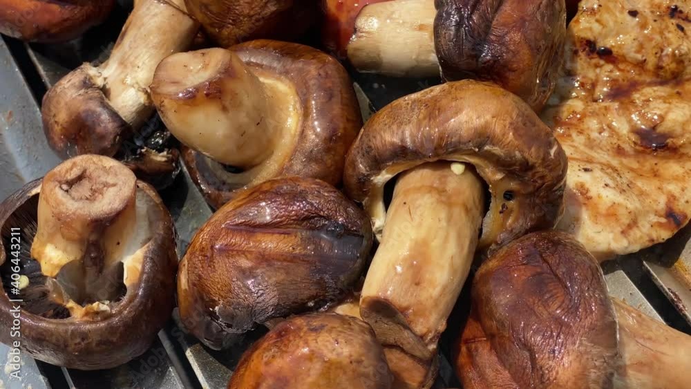 grilled mushrooms close-up. delicious vegetarian barbecue grilled mushrooms close-up. delicious vegetarian barbecue