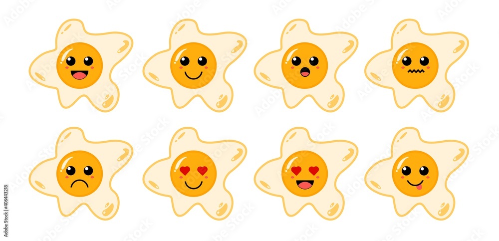 Set of cute cartoon colorful sunny side up egg with different emotions. Funny emotions character collection for kids. Fantasy characters. Vector illustrations, cartoon flat style Set of cute cartoon colorful sunny side up egg with different emotions. Funny emotions character collection for kids. Fantasy characters. Vector illustrations, cartoon flat style