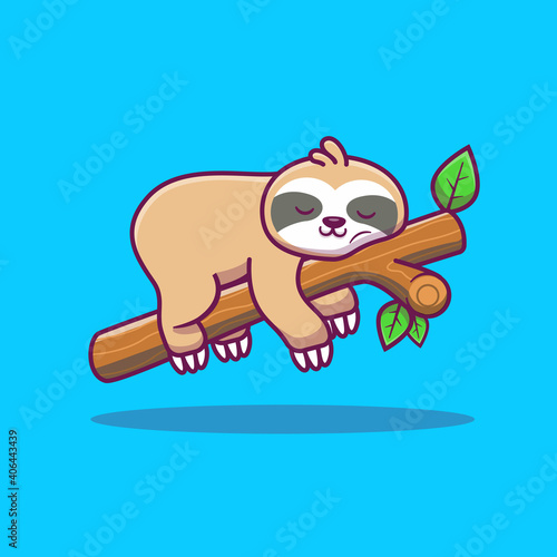 Cute Sloth Sleeping On Tree Cartoon Vector Icon Illustration. Animal Nature Icon Concept Isolated Premium Vector. Flat Cartoon Style