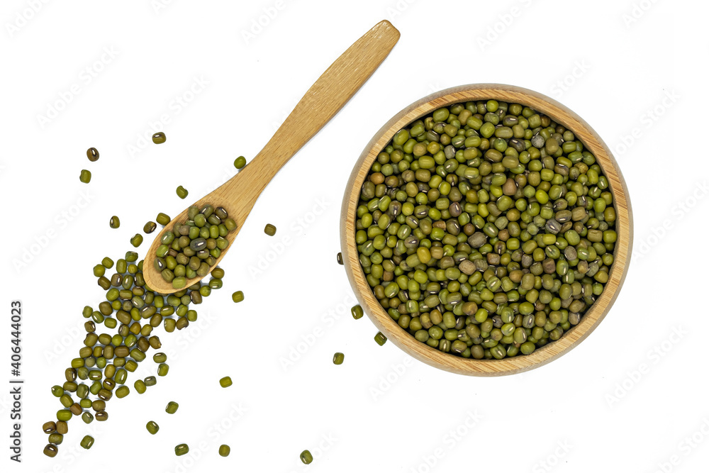 mung beans in wooden bowl and spoon isolated on white mung beans in wooden bowl and spoon isolated on white