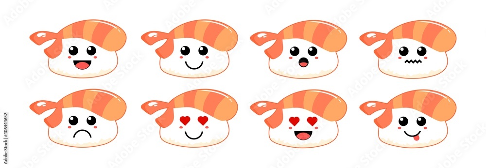 Fototapeta premium Set of cute cartoon colorful fried shrimp sushi with different emotions. Funny emotions character collection for kids. Fantasy characters. Vector illustrations, cartoon flat style