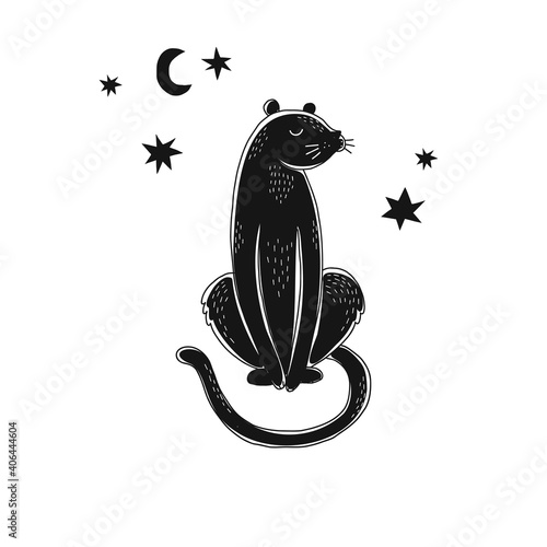 Black wild panther cat in the night isolated illustration. Jungle animal black and white childish graphic drawing Perfect for one colour silk screen printing t-shirt design
