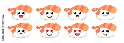 Set of cute cartoon colorful fried shrimp sushi with different emotions. Funny emotions character collection for kids. Fantasy characters. Vector illustrations, cartoon flat style