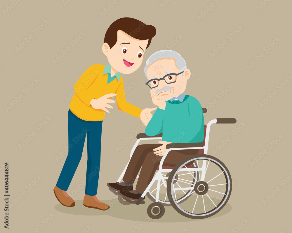 man soothes a grieving grandfather sitting on a wheelchair man soothes a grieving grandfather sitting on a wheelchair