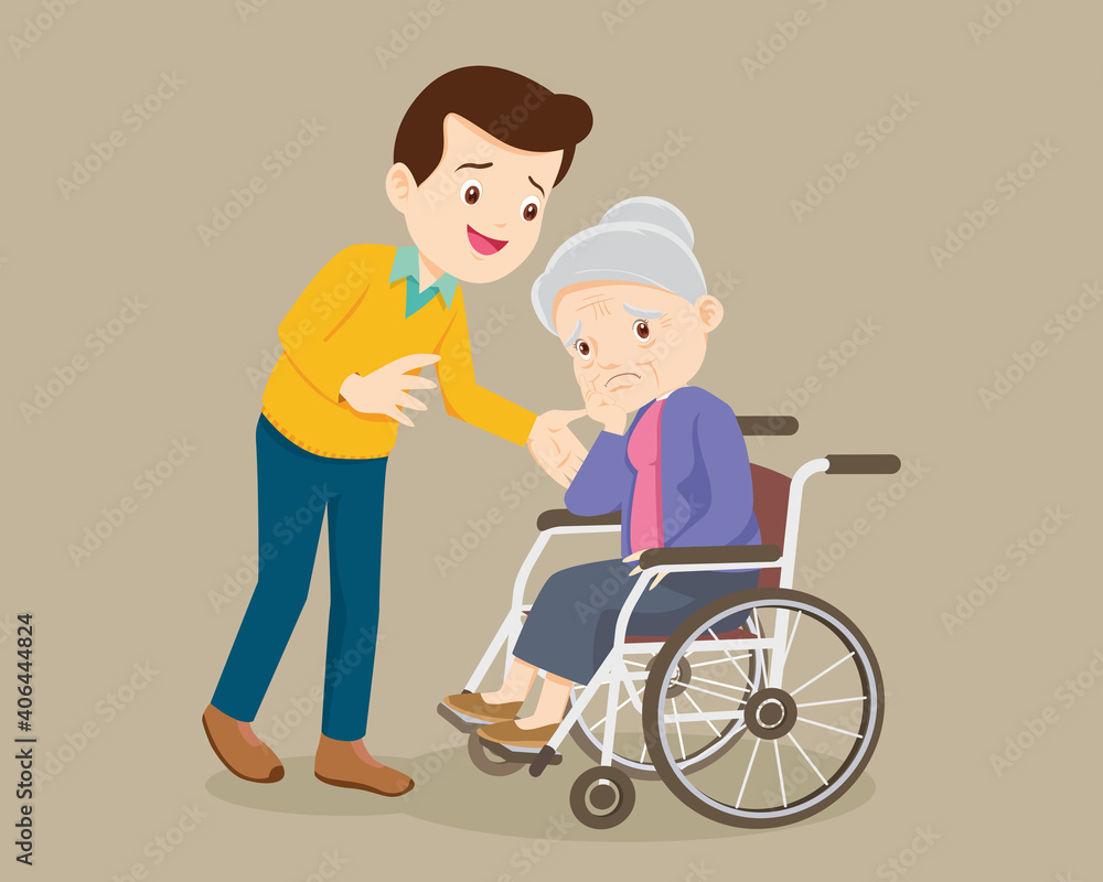 man soothes a grieving grandmother sitting on a wheelchair man soothes a grieving grandmother sitting on a wheelchair