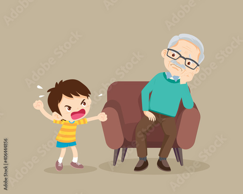 Rampage boy and elderly man sitting on sofa