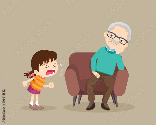 Rampage girl and elderly man sitting on sofa
